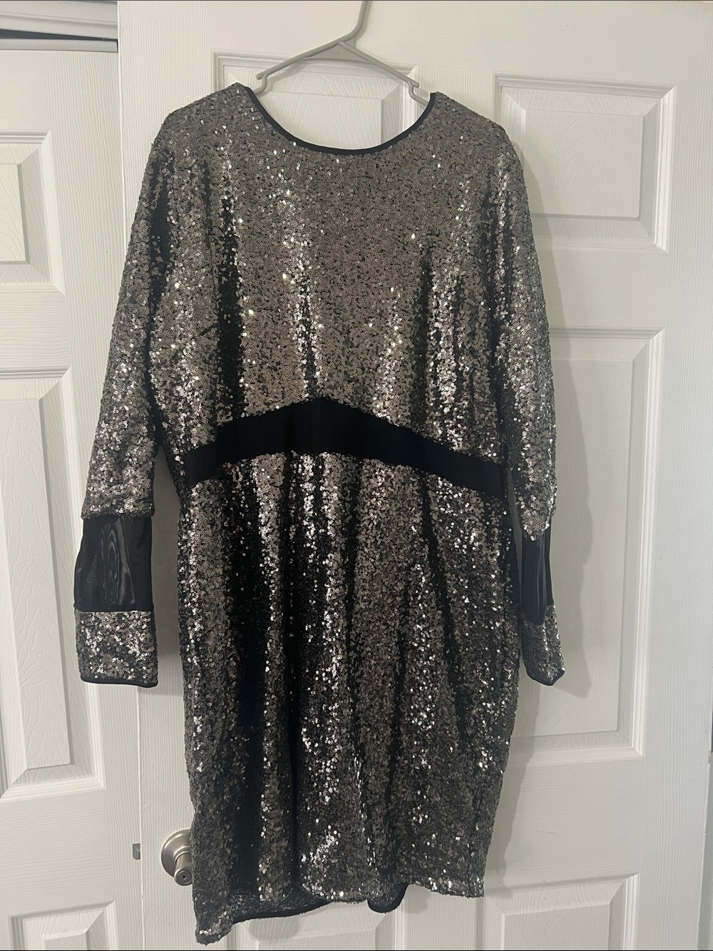 Silver Sequin Shift Dress with Black Accent